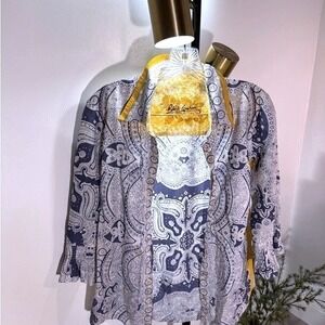 Robert Graham Shirt paisley ruffle detail blue yellow crystal accents summer med